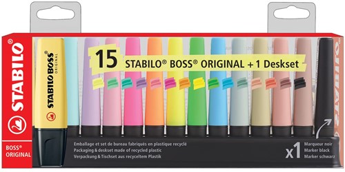 STABILO BOSS markeerstift pastel en natuur, geassorteerde kleuren met zwart, deskset van 15 stuks