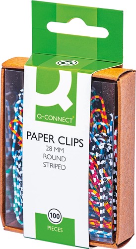 Q-CONNECT papierklemmen, 28 mm, doos van 100 stuks, gestreept in wit en geassorteerde kleuren