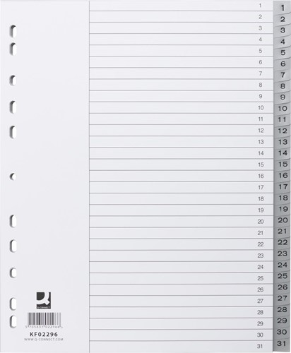 Q-CONNECT tabbladen, A4, PP, 11-gaatspeforatie, met indexblad, set van 1-31, 31 tabs, grijs