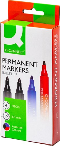 Q-CONNECT permanente marker, 2-3 mm, ronde punt, geassorteerde kleuren, etui van 4 stuks