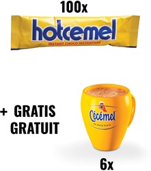 Actie Hotcemel: 1 x Hotcemel chocoladepoeder, 30g, pak van 100 (Ref. 46820) + GRATIS 1 x pak van 6 tassen