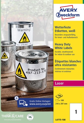 Avery weerbestendige etiketten, ft 210 x 297 mm, wit, doos van 100 etiketten