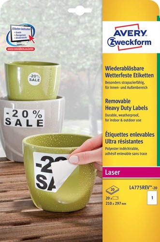Avery afneembare weerbestendige etiketten ft 210 x 297 mm (b x h), wit, doos van 20 etiketten