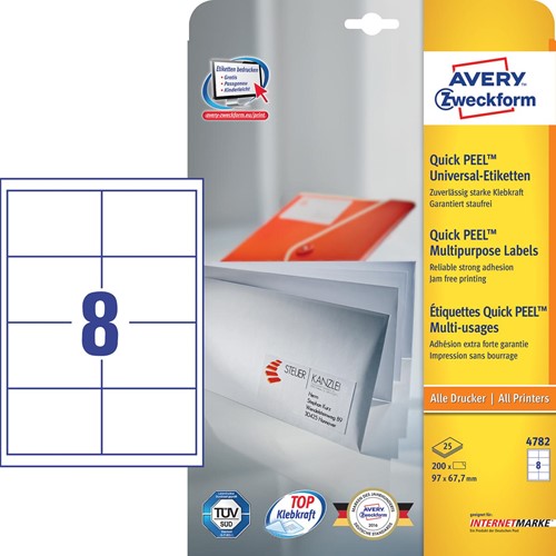 Avery Zweckform 4782, Universele etiketten, Ultragrip, wit, 25+5 vel, 8 per vel, 97 x 67,7 mm