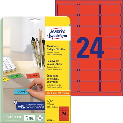 Avery afneembare gekleurde etiketten ft 63,5 x 33,9 mm (b x h), 480 stuks, 24 per blad, rood-2
