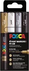 Uni POSCA paintmarker PC-1MC, 0,7 - 1 mm, etui van 4 stuks, goud, zilver, wit en zwart