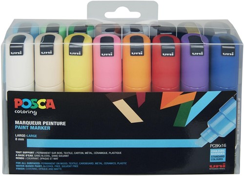 Uni POSCA paintmarker PC-8K, 8 mm, etui met 16 stuks in geassorteerde kleuren
