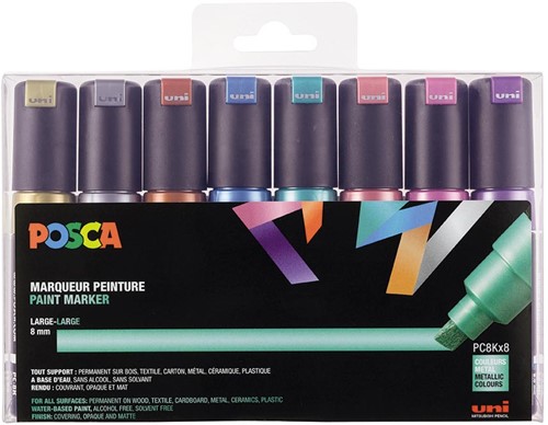 Uni POSCA paintmarker PC-8K, 8 mm, etui van 8 stuks, in geassorteerde metallic kleuren