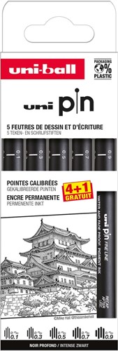 Uni Pin fineliner, gekalibreerde punten, zwart, 0,1-0,3-0,5-0,7-0,9 mm, blister van 4 + 1 gratis