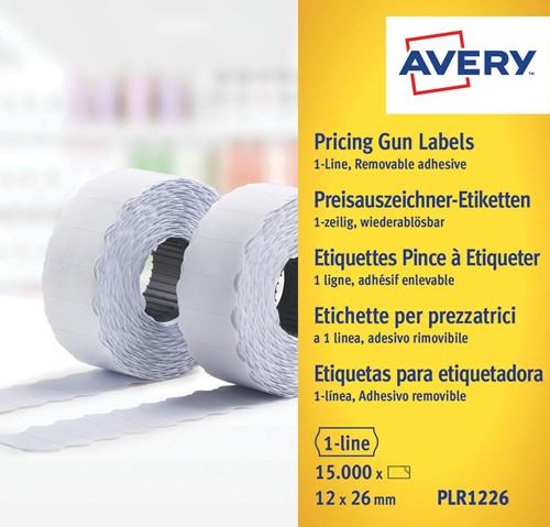 Avery PLR1226 etiketten voor prijstang afneembaar, ft 12 x 26 mm, 15 000 etiketten, wit