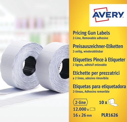 Avery PLR1626 etiketten voor prijstang non-permanent, ft 26 x 16, 12 000 etiketten, wit