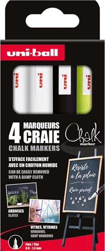 Uni-ball krijtmarker, ronde punt van 0,9-1,3 mm, etui van 4 stuks, assorti