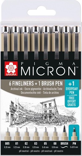 Sakura tekenstift Pigma Micron set van 7+1, zwart