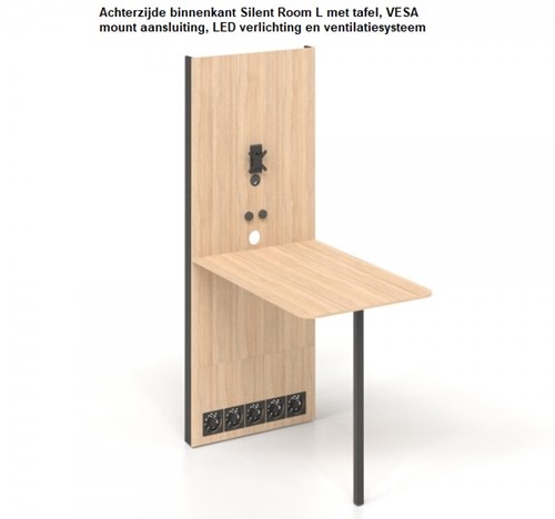 Achterzijde binnenkant Silent Room L met tafel, VESA mount aansluiting, LED verlichting en ventilatiesysteem