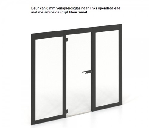 Deur van 8 mm veiligheidsglas naar links opendraaiend met melamine deurlijst kleur zwart