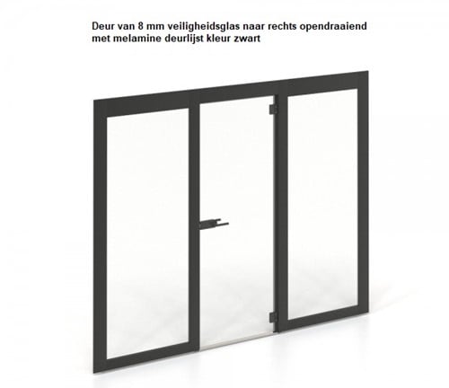 Deur van 8 mm veiligheidsglas naar rechts opendraaiend met melamine deurlijst kleur zwart