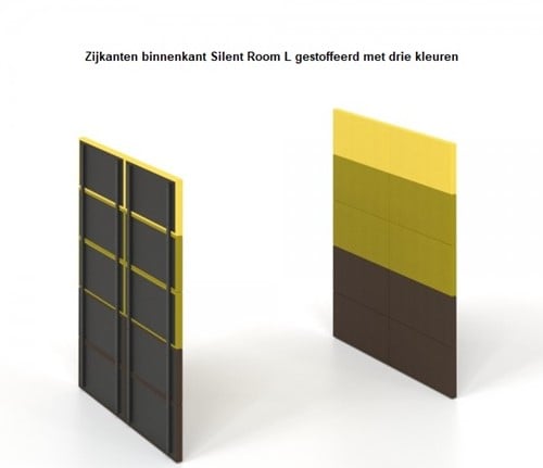 Zijkanten binnenkant Silent Room L gestoffeerd met drie kleuren